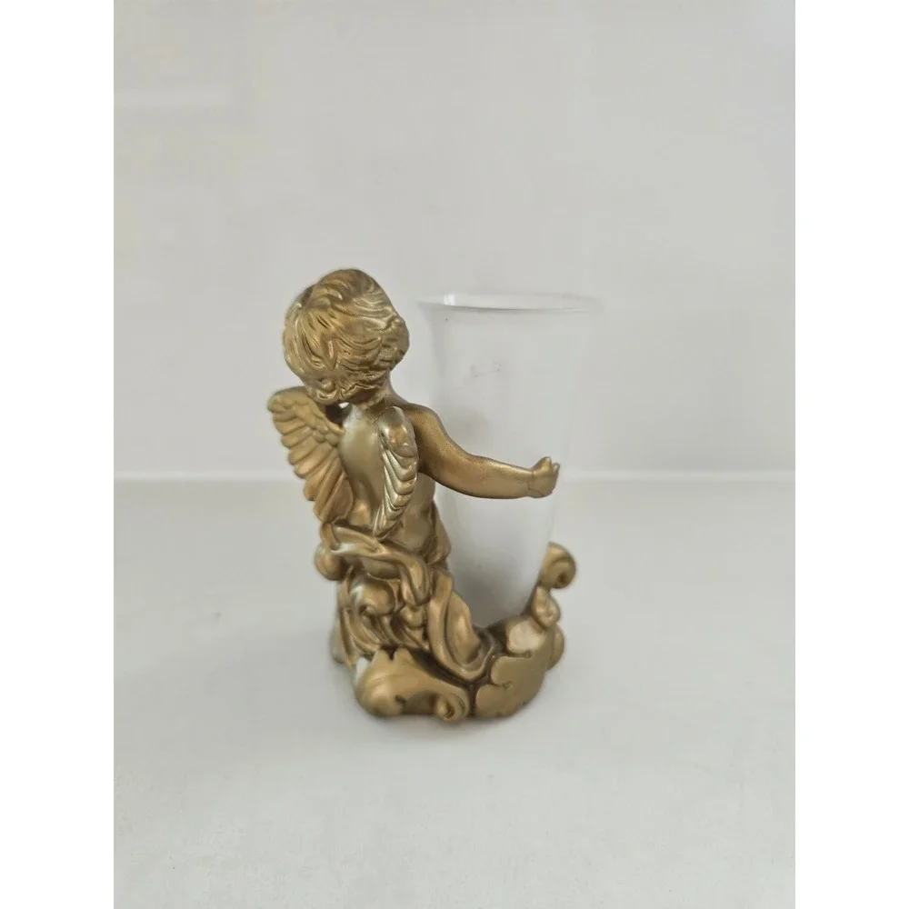 Vintage Gold Cherub Angel Bud Vase Frosted Glass Insert Figurine Decor